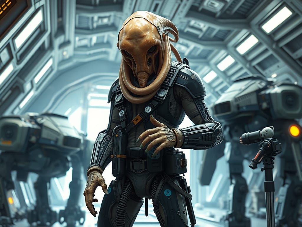 Alien Mechanic Fixing Mechs in Sci-Fi Hangar