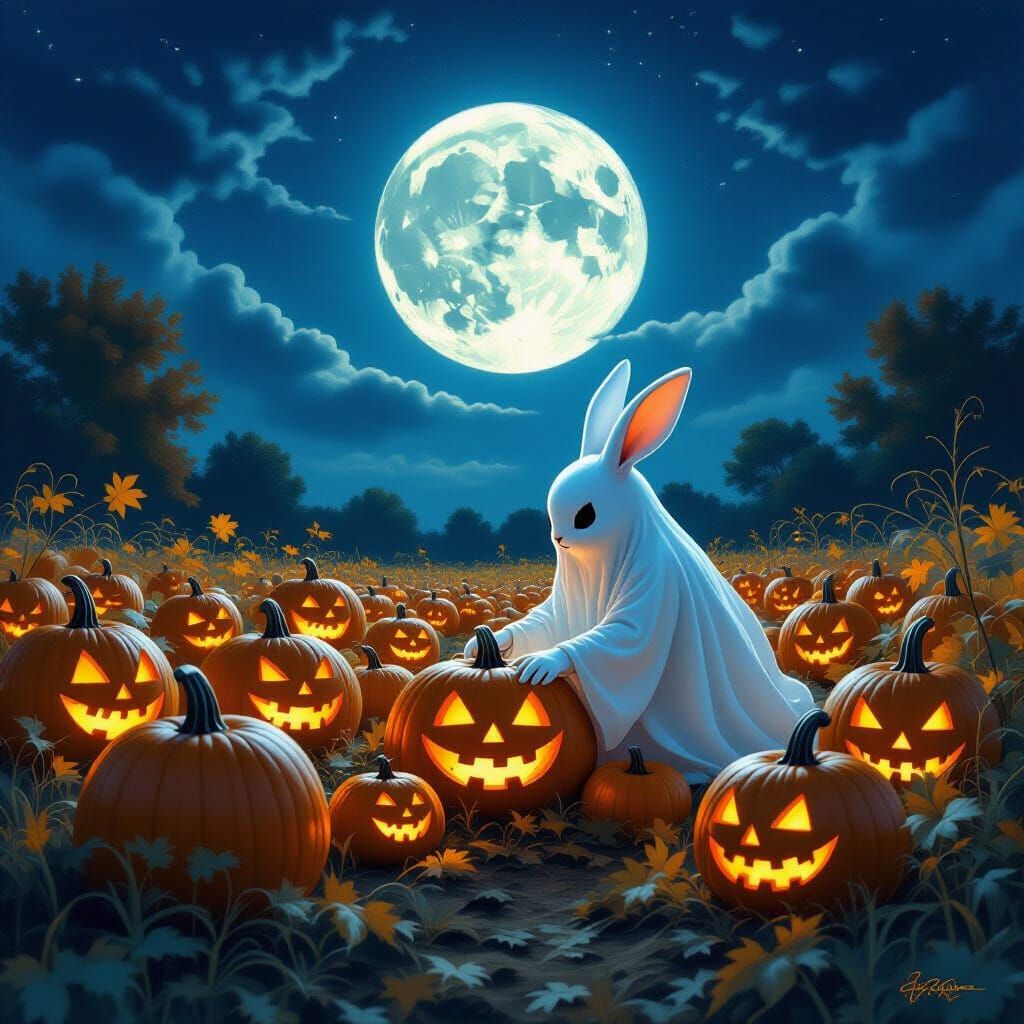 Ghostly Rabbit Tends Moonlit Pumpkin Patch