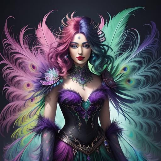Iridescent Woman with Peacock Feathers, Digital Art
