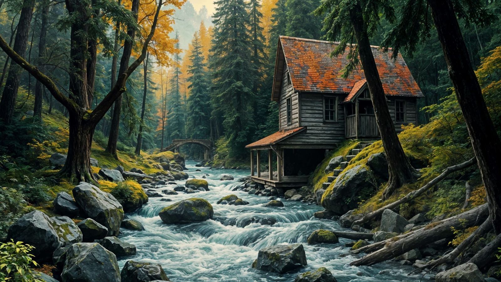 Lush Forest Stream Oil Painting with Ruins