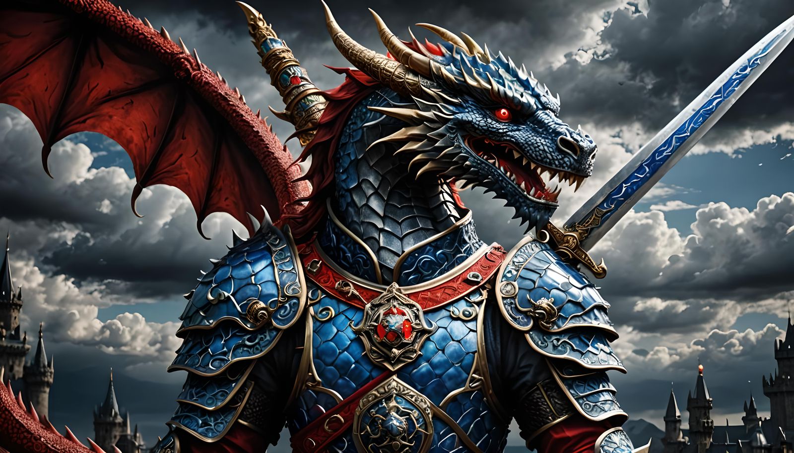 Dragon Wrapped Around Jeweled Sword in Armor