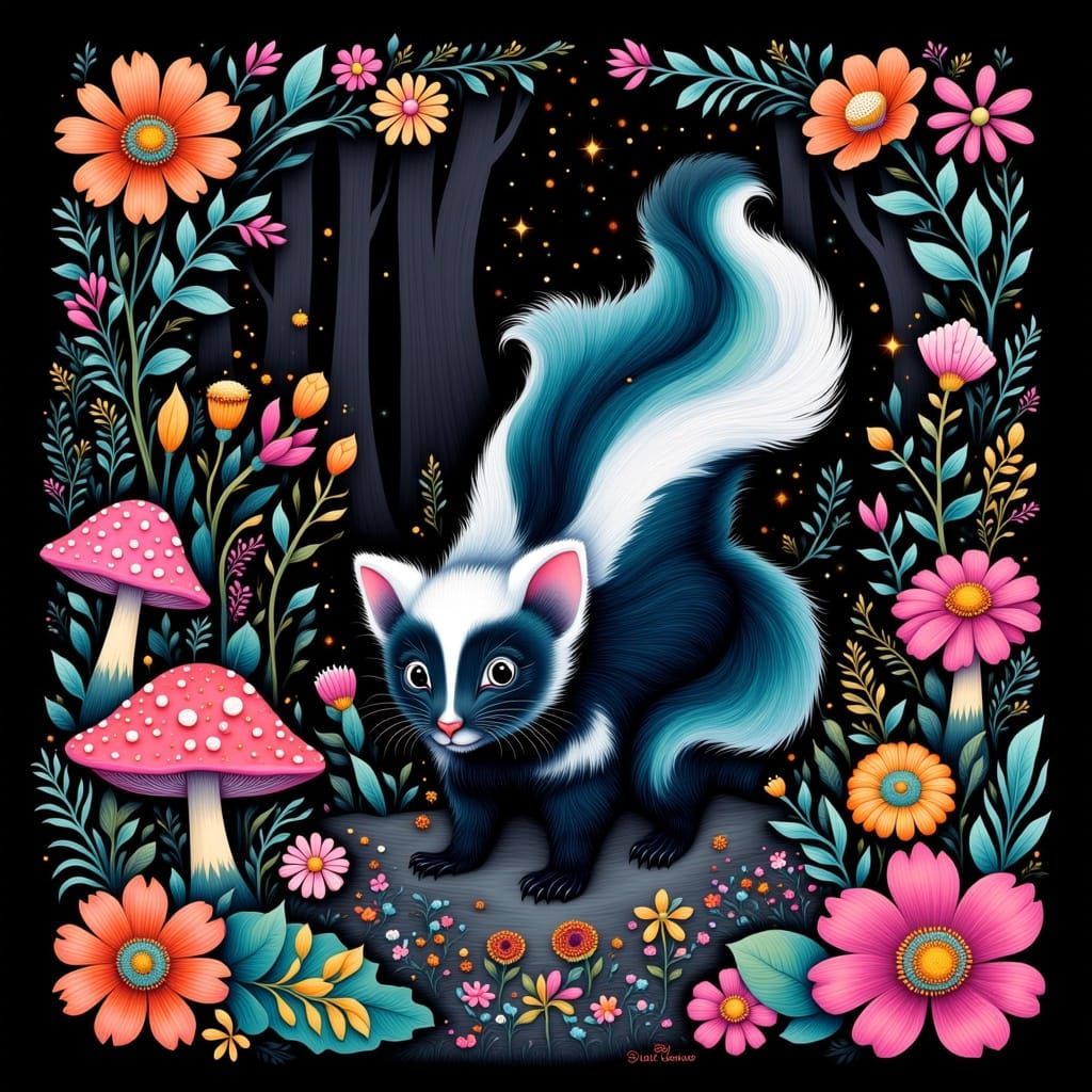 Whimsical Skunk in a Futuristic Forest