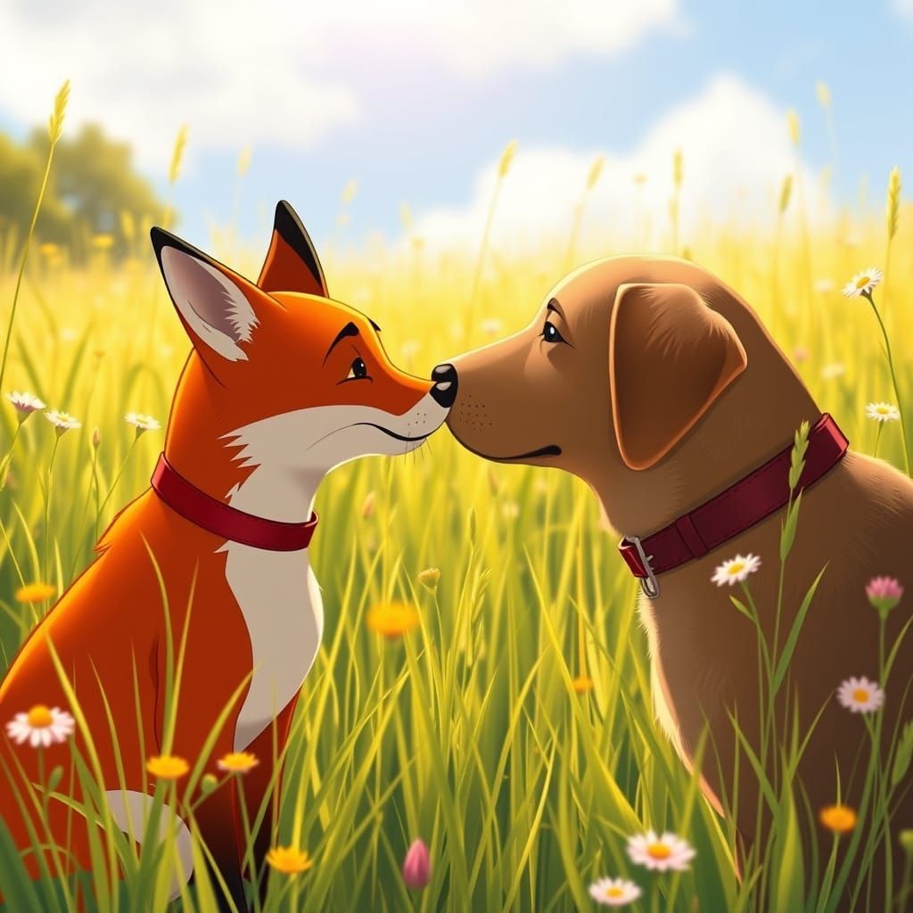 Fox and Labrador Nose Touch, Disney Style