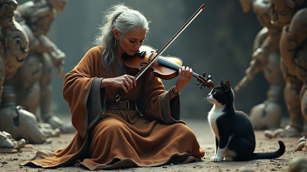 Futuristic Crone Plays Violin for Cat in 8K