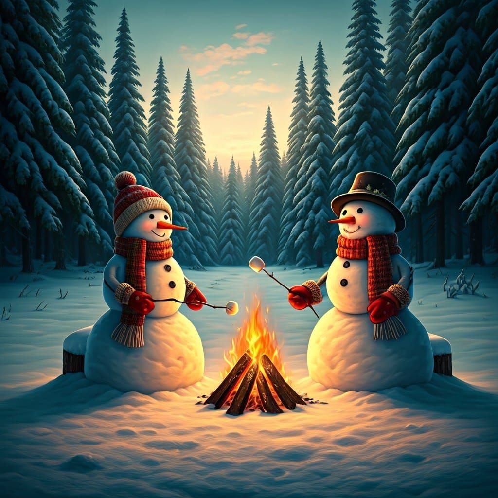 Serene Snowy Winter Scene with Intricately Detailed Snowmen