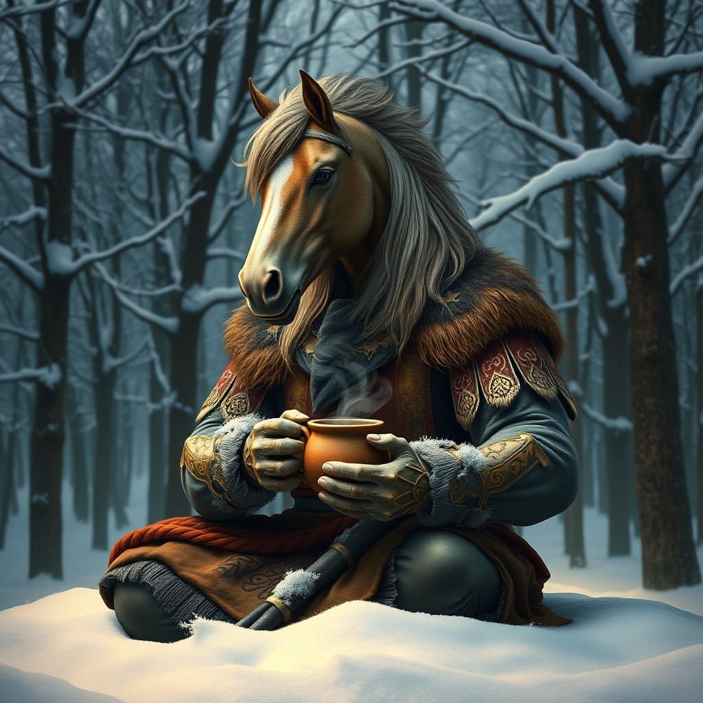 Muscular Centaur in Viking Attire Sits in Snowy Forest
