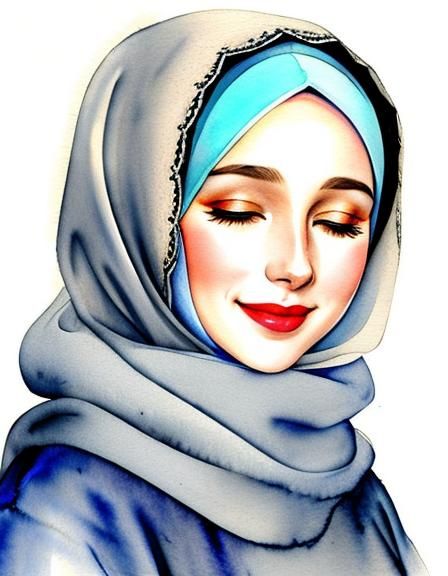 Watercolor Portrait of a Smiling Woman in Hijab