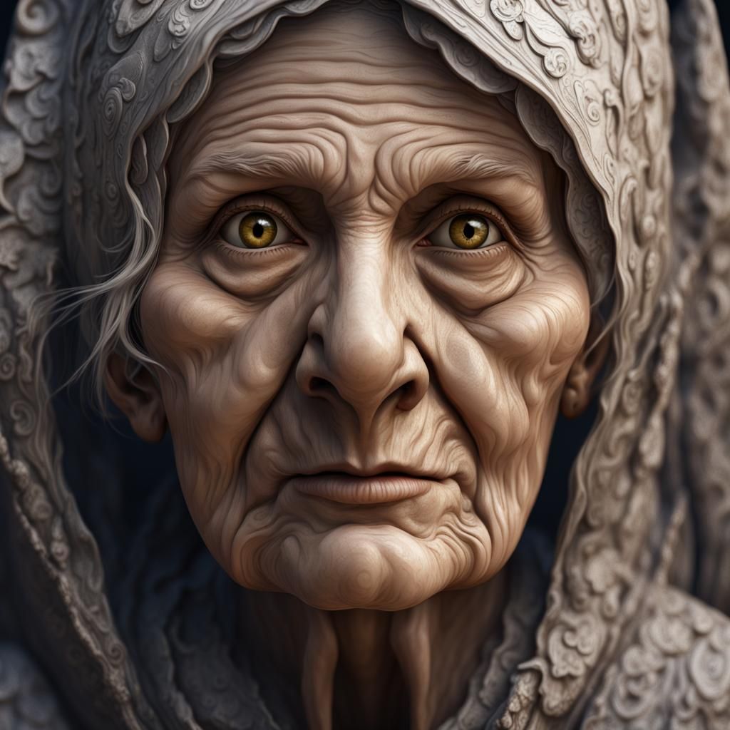 Mysterious Old Woman with Tiled Face in Detailed Painting