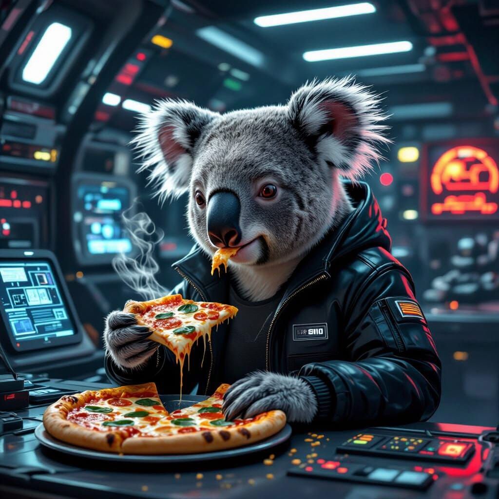 Koala Enjoys Pizza in Futuristic Secret Base