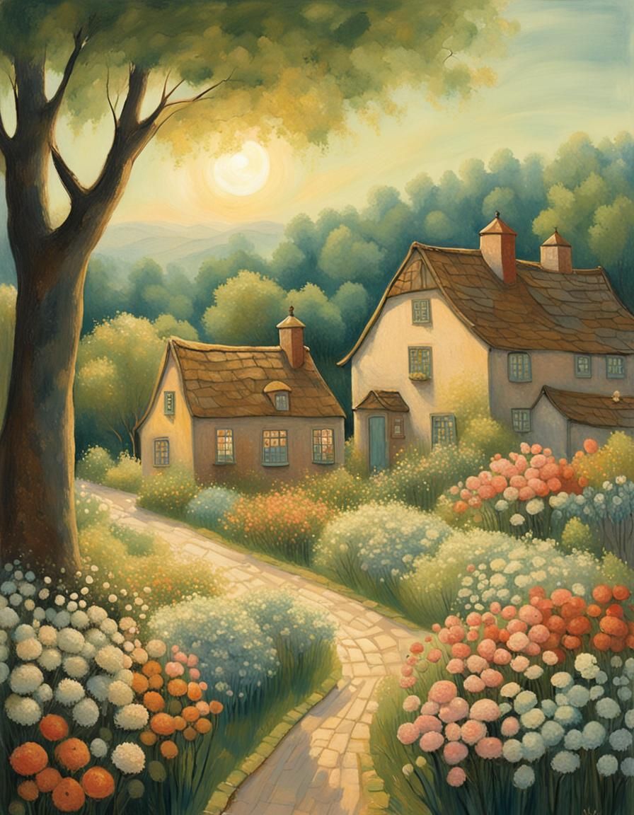 Idyllic Village Scene in Folk Art Style