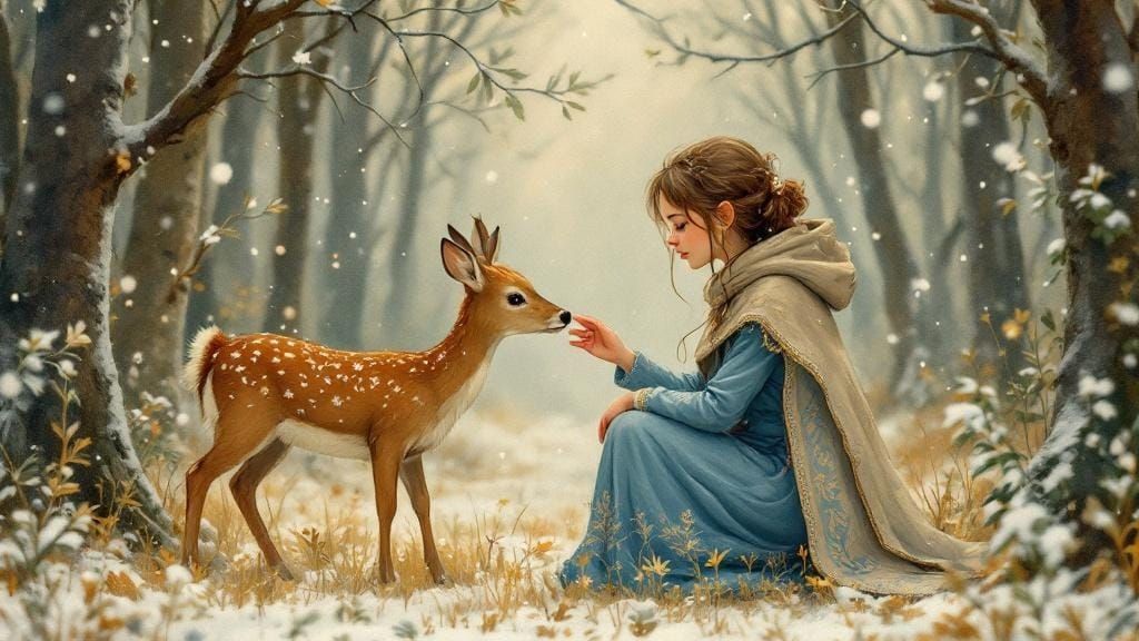 Girl and Deer in Snowy Forest, Watercolor Illustration