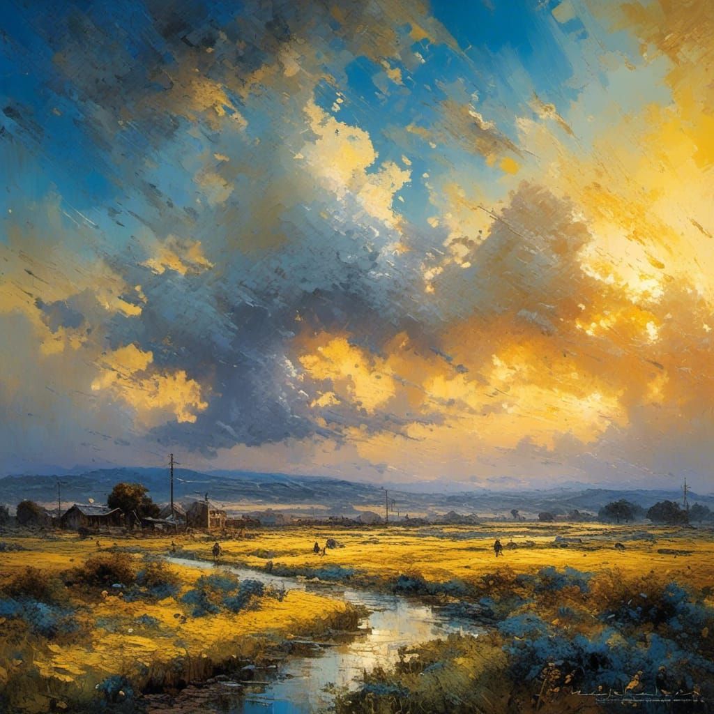 Sunrise Landscape in Fauvism Style with Palette Knife