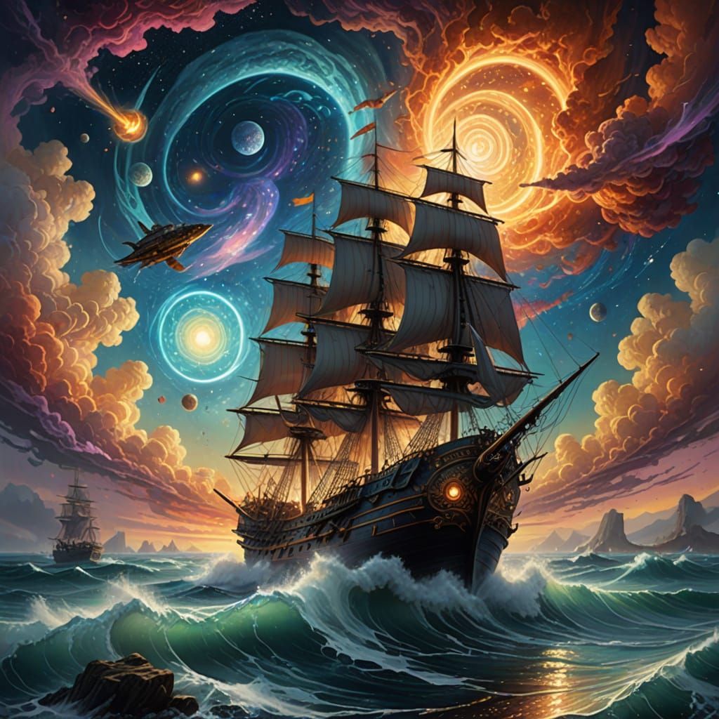 Cosmic Warship in Vibrant Psychedelic Colors