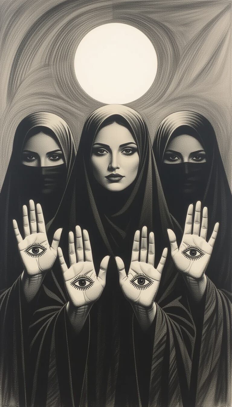 Veiled Women with Hamsa Symbols in Charcoal