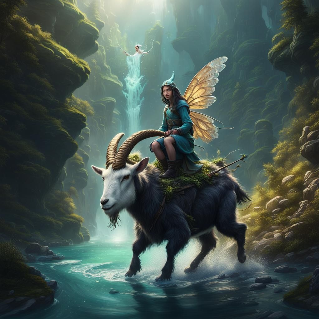 Fairy Witch Rides Mountain Goat: Fantasy Art
