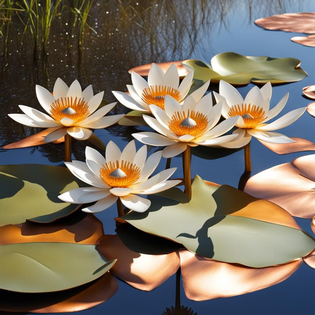 Metallic Water Lilies in a Sunny Pond