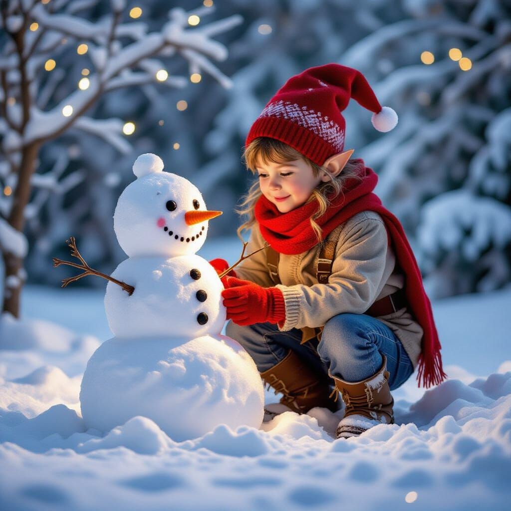 Little Elf Builds Snowman in Magical Winter Garden