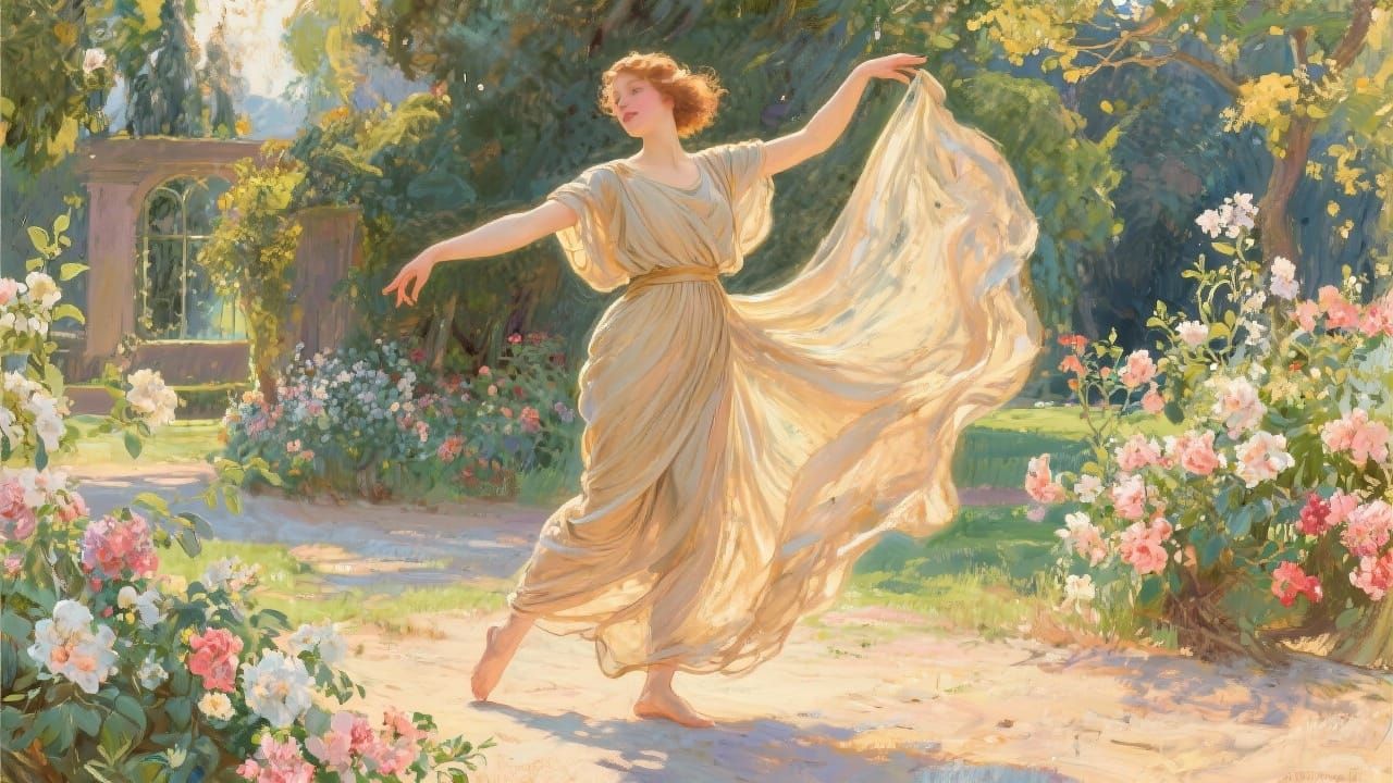 Isadora Duncan Dances in Sunlit Garden, Art Nouveau Style
