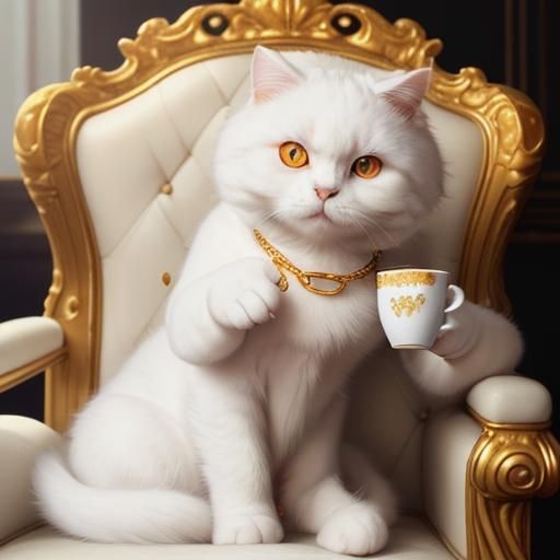 Scottish Fold Cat Sipping Coffee on Golden Chair