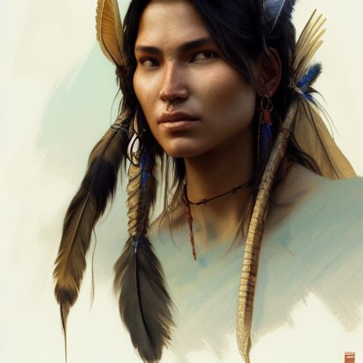 Detailed Portrait of Native American in Art Nouveau Style