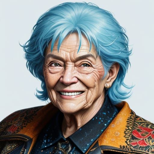 Smiling Older Person in Hyperrealistic Splash Art