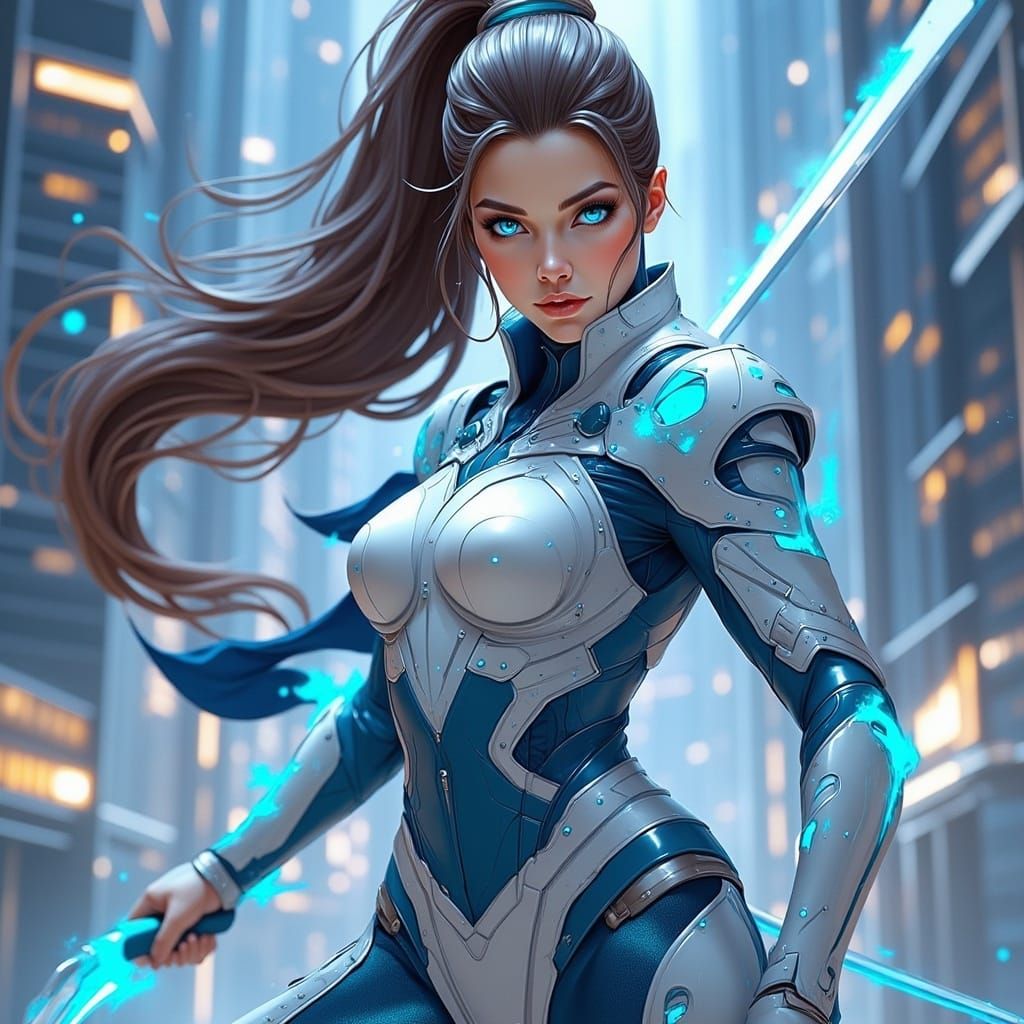 Cyber Samurai Goddess Charges Forward in Futuristic City