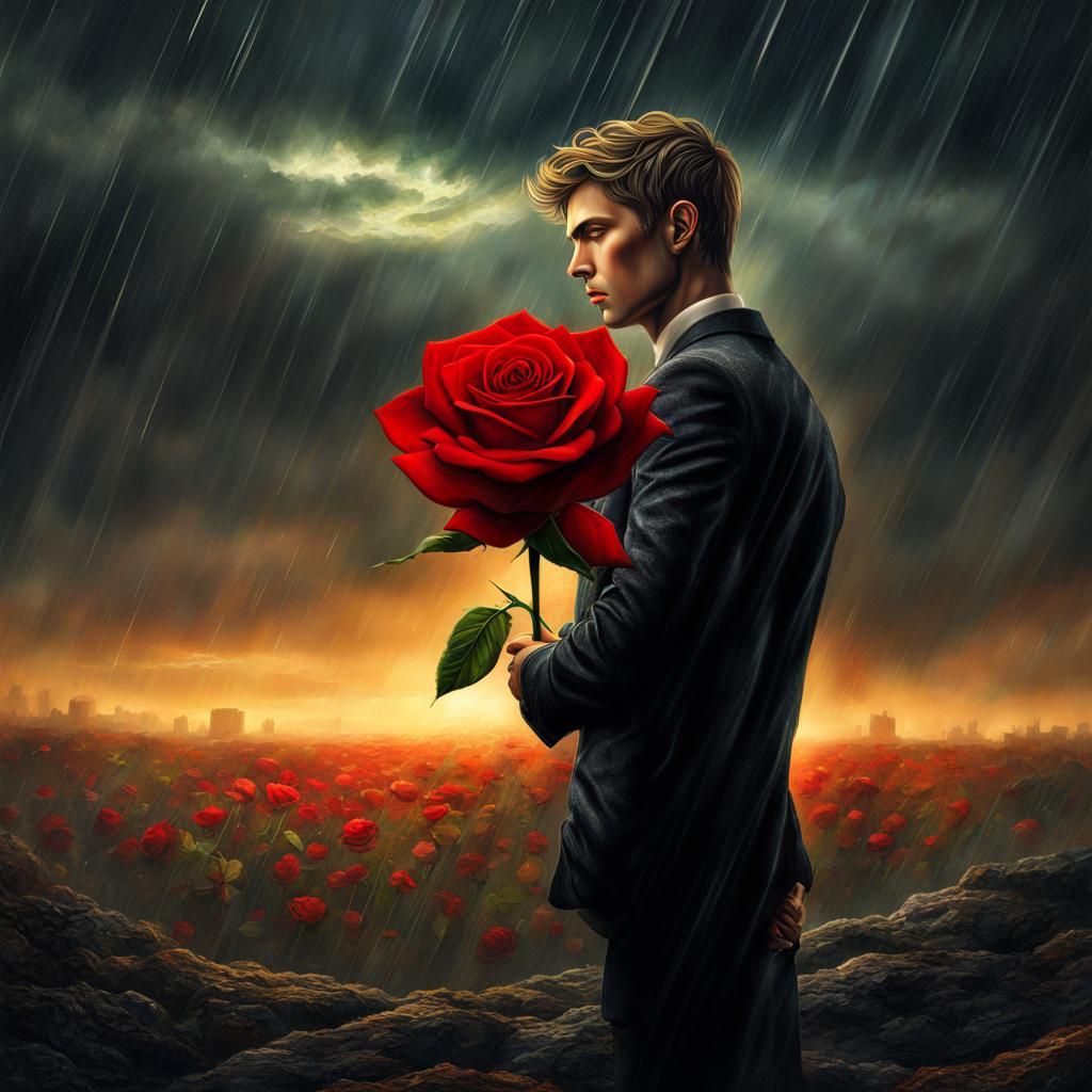 Sad Man in Rain with Rose: Hyperrealistic Acrylic Art