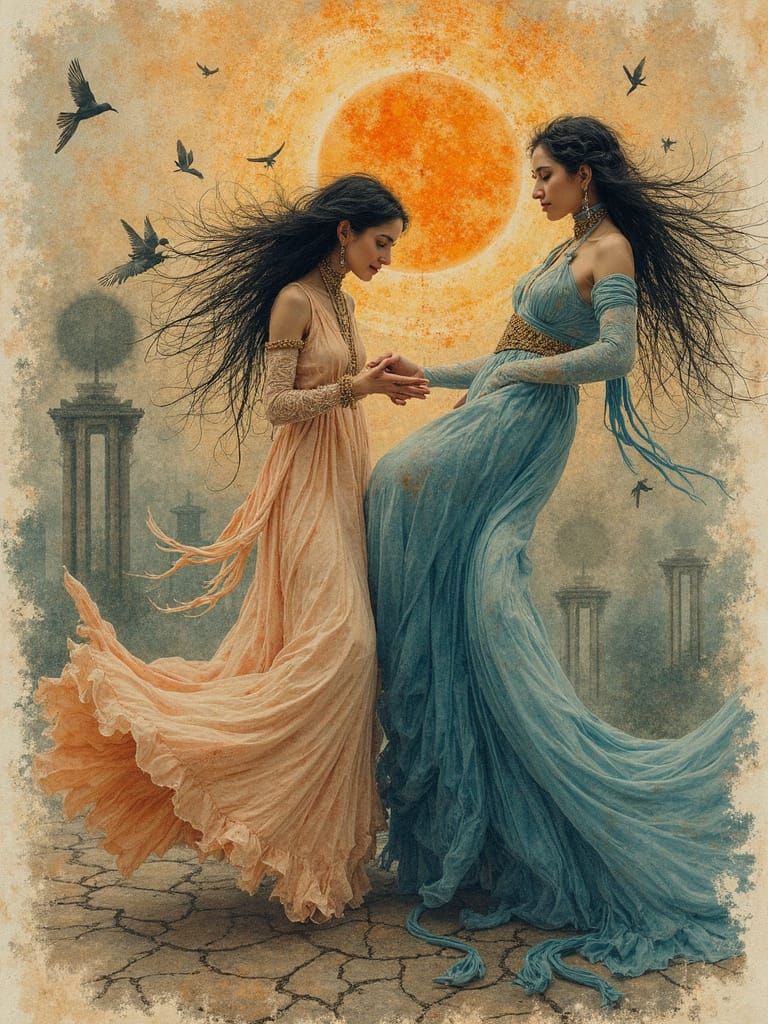 Mythic Witches Dancing with Elements in Surrealist Watercolo...