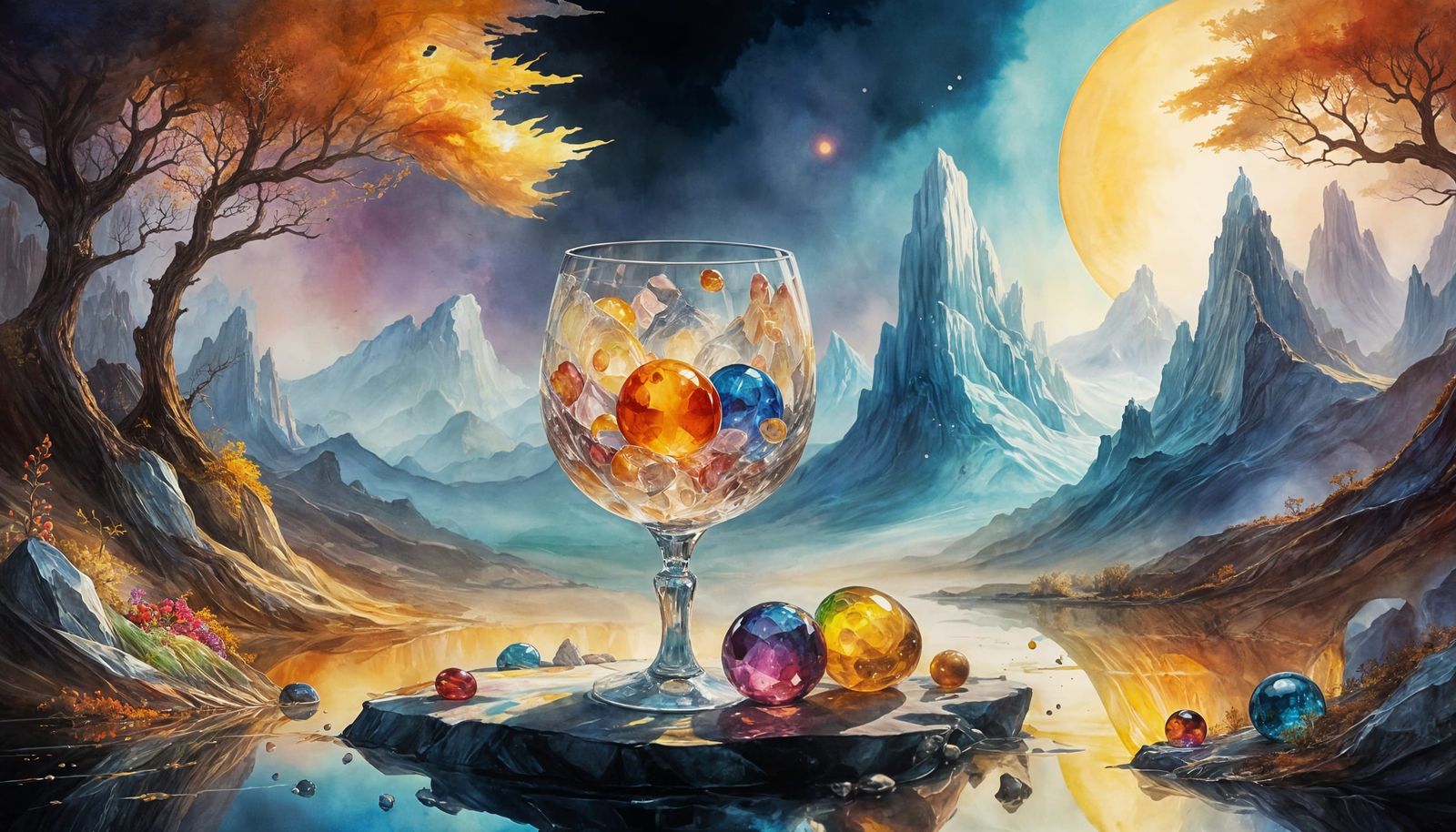 Surreal Oak Glass Masterpiece with Multicolore Gems