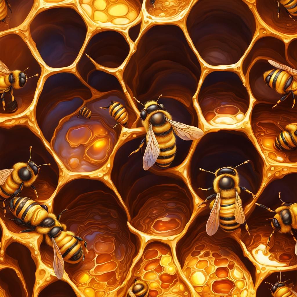Golden Honey Cave Beehive in Hyperrealistic Splash Art