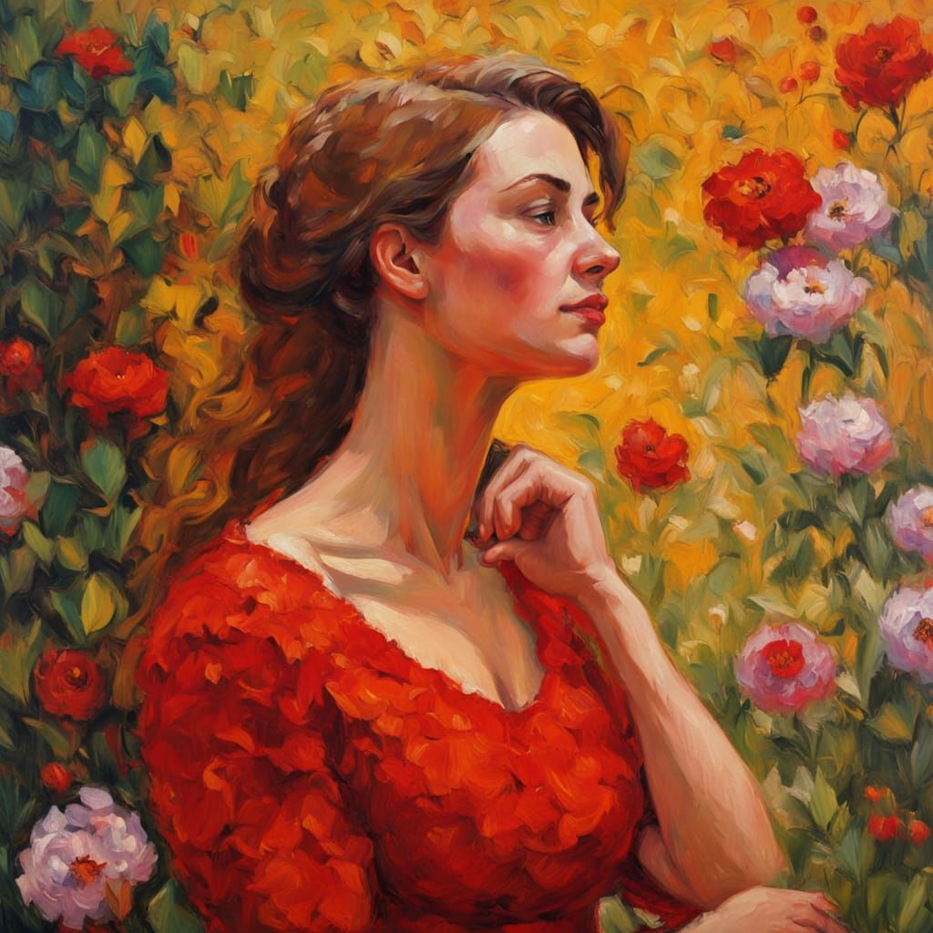 Woman in Red Dress: Post-Impressionist Impasto Oil Painting