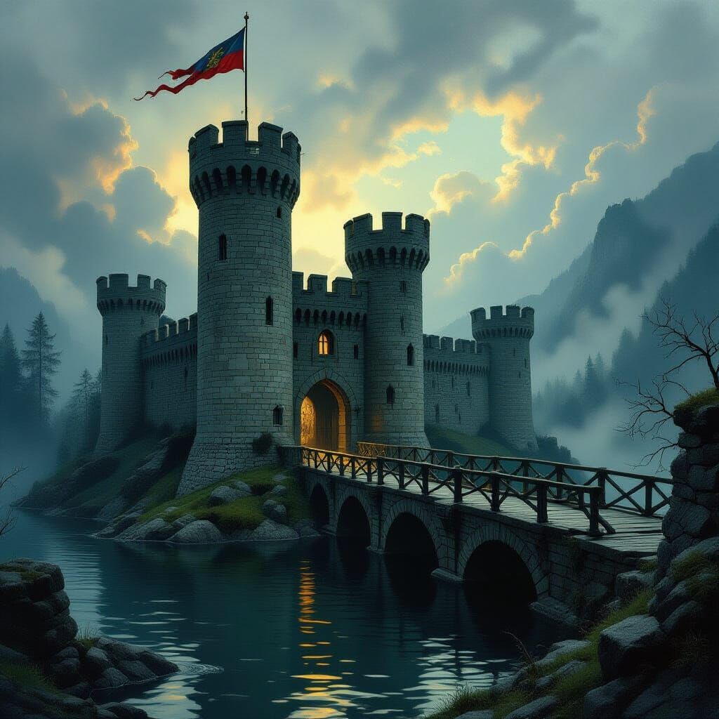 Imposing Medieval Castle with Flag in Dramatic Fantasy Style