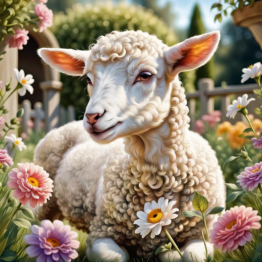 Mary and Lamb in a Flower Garden