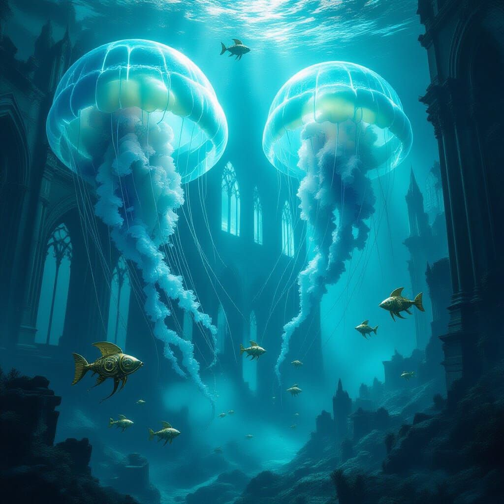 Bioluminescent Jellyfish Drift Through Gothic Cathedral Ruin...