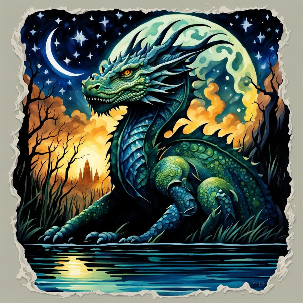 Watercolor Dragon in Gothic Swampland Under Starry Night