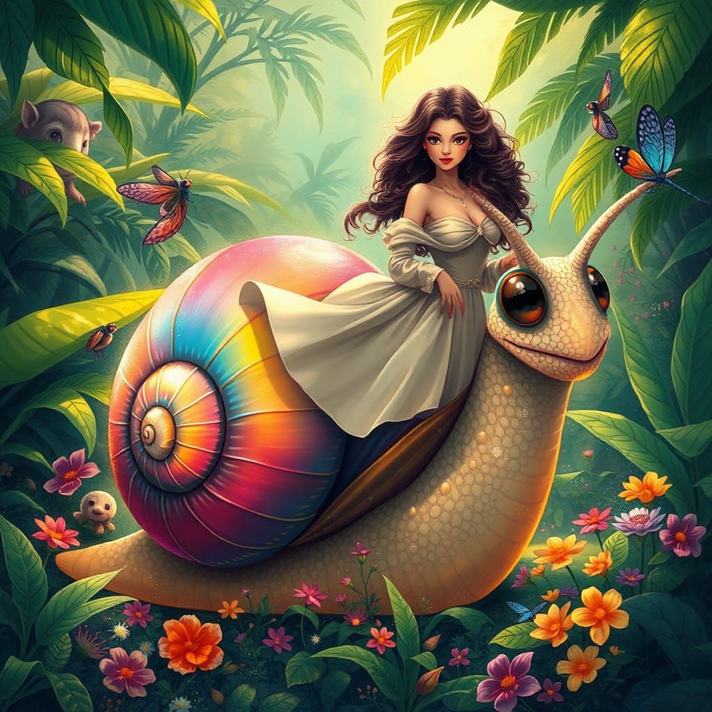 Lady Riding Snail in Lush Jungle Illustration