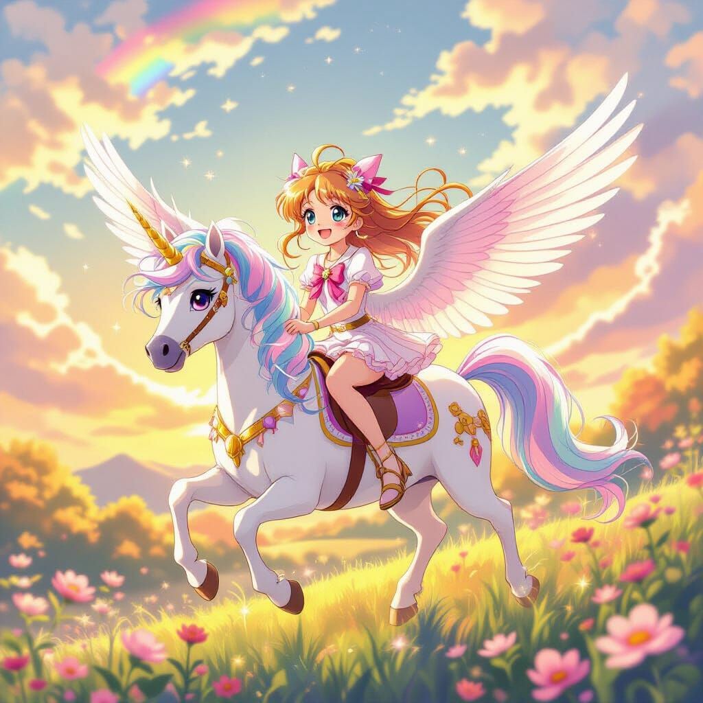 Sakura Kinomoto Rides Winged Unicorn Through Rainbow