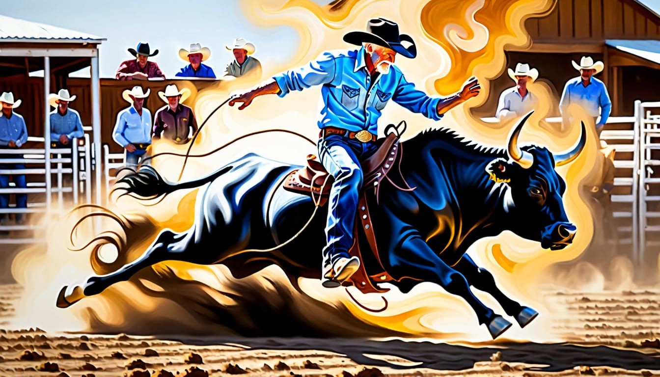 Cowboy Rides Bull in Rodeo as Oil Painting