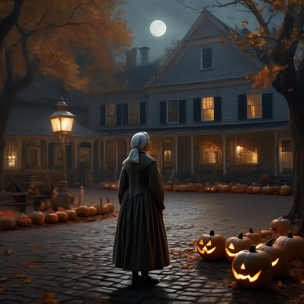Quaker Woman in Eerie, Autumnal Colonial Town