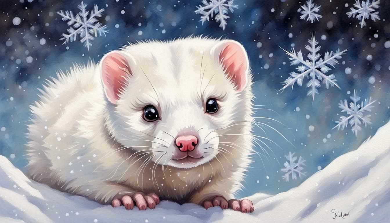 Cute White Ferret in Snowy Landscape Painting
