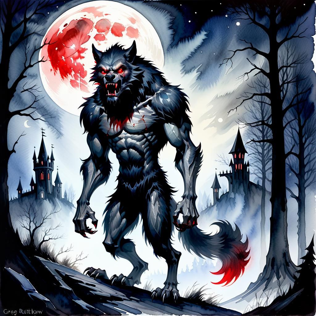 Dark Fantasy Werewolf Under Moonlight, Watercolour Style
