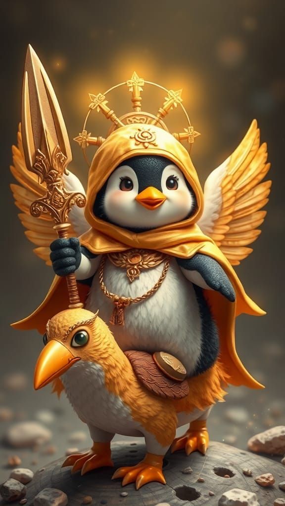 Penguin with Scimitar Riding Garuda