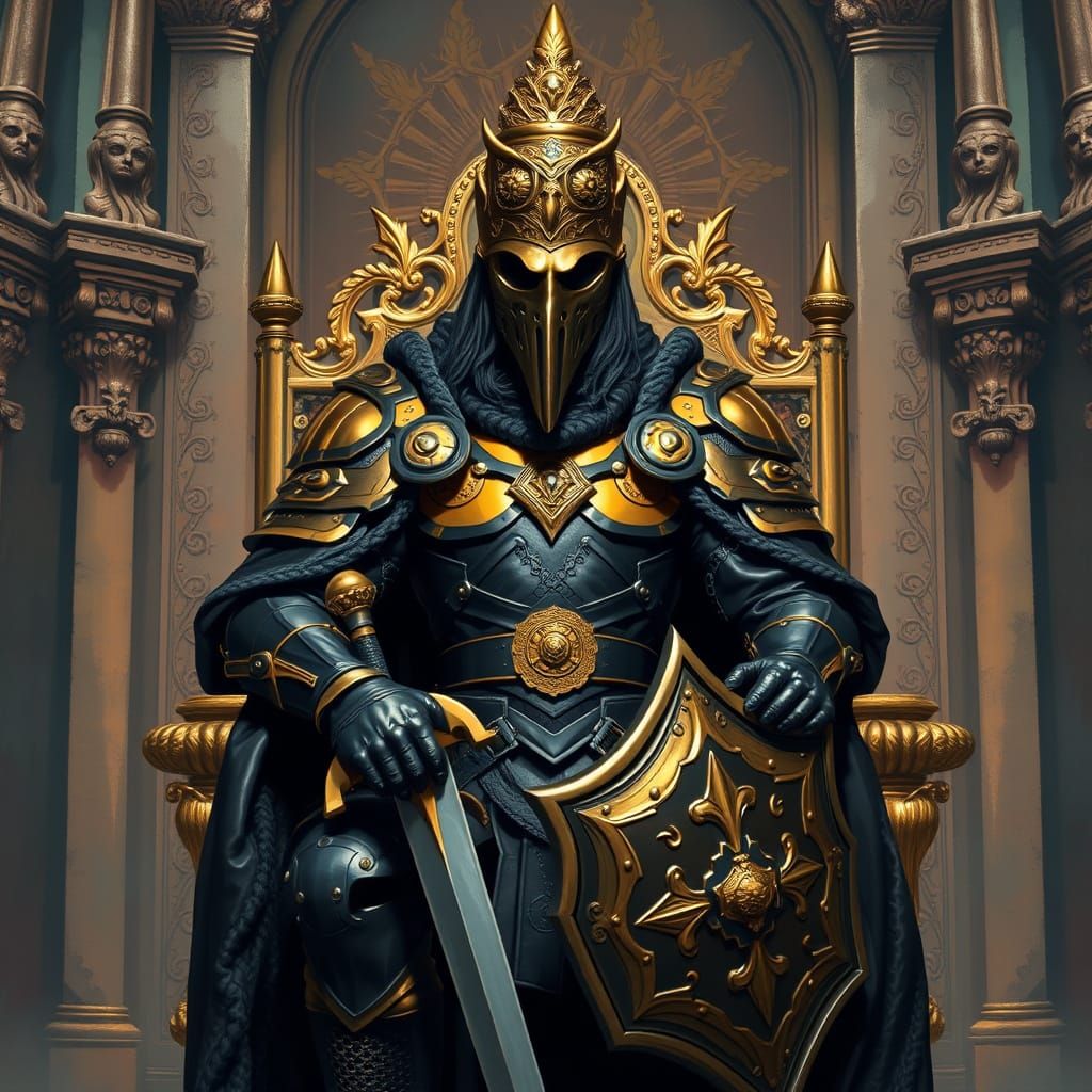 King with Plague Doctor Mask on Golden Throne
