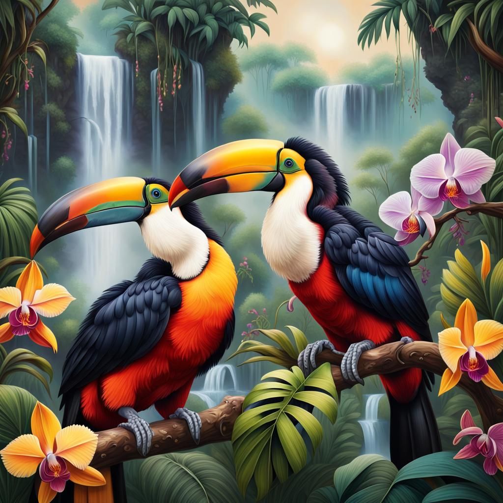 Toucans Preening in Tropical Jungle: Abstract Art
