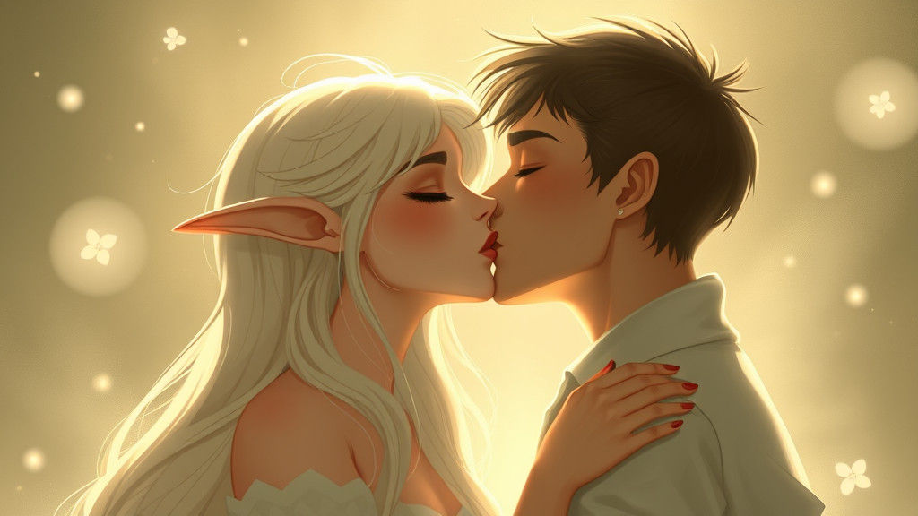 Romantic Elven Woman and Human Man Kiss