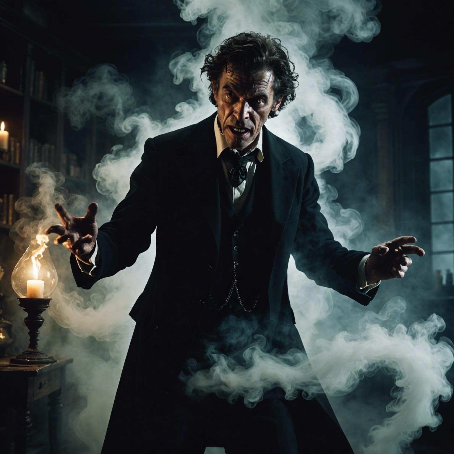 A dynamic SDXL double exposure image of Dr. Jekyll transforming into Mr. Hyde in a swirl of mist and darkness. His body ...