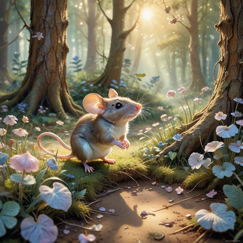 Enchanted Forest Mouse Chase in Watercolor Style