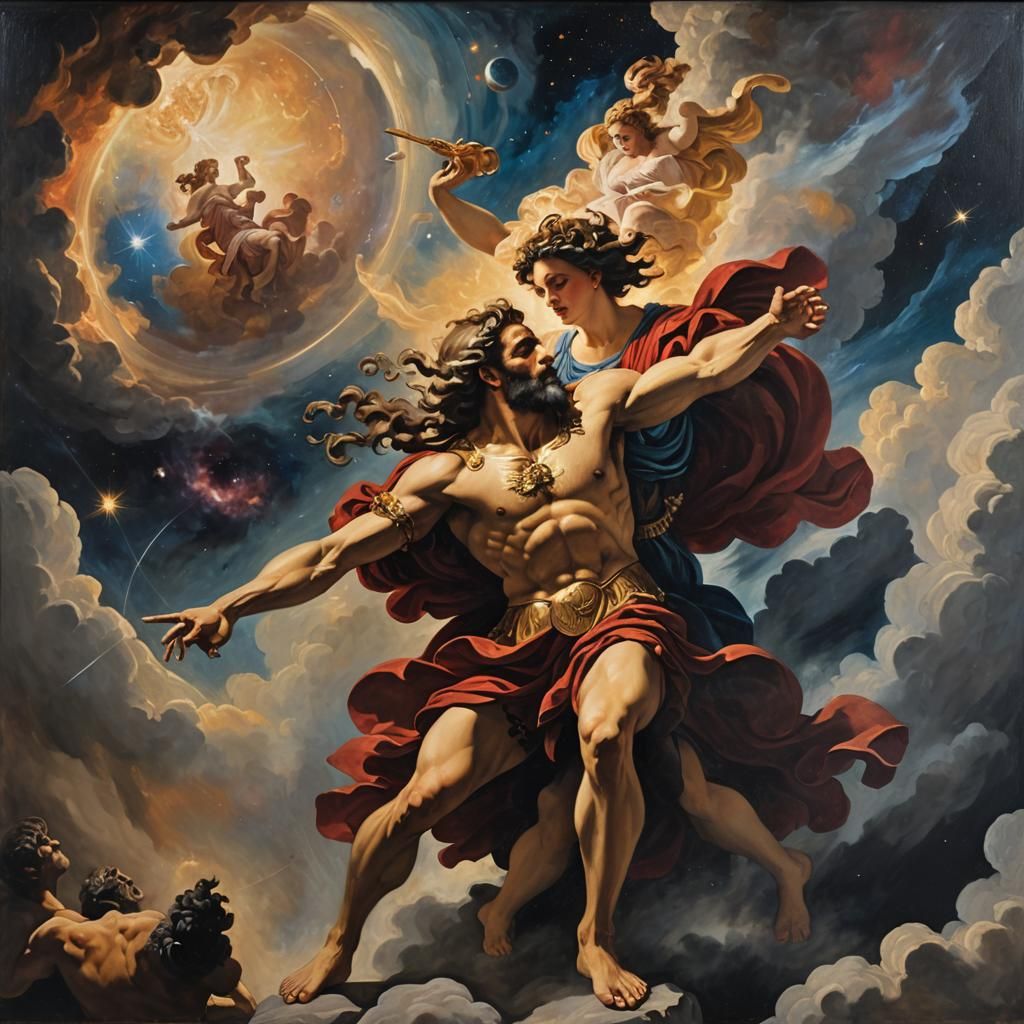 Porphyrion Attacks Hera: Baroque Oil Painting in Cosmic Sett...
