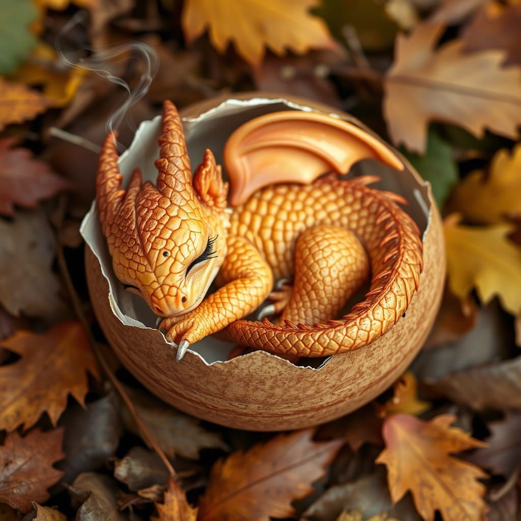 Sleeping Baby Dragon in Autumn Leaves