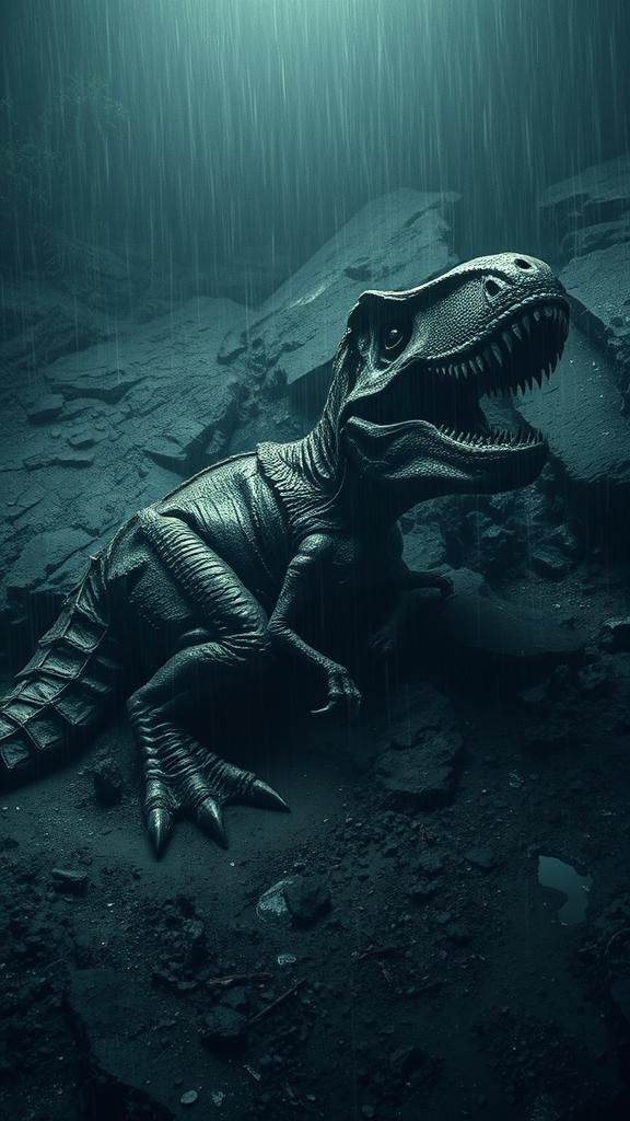 T-Rex Fossil Unearthed in Rain, Photorealistic High Angle